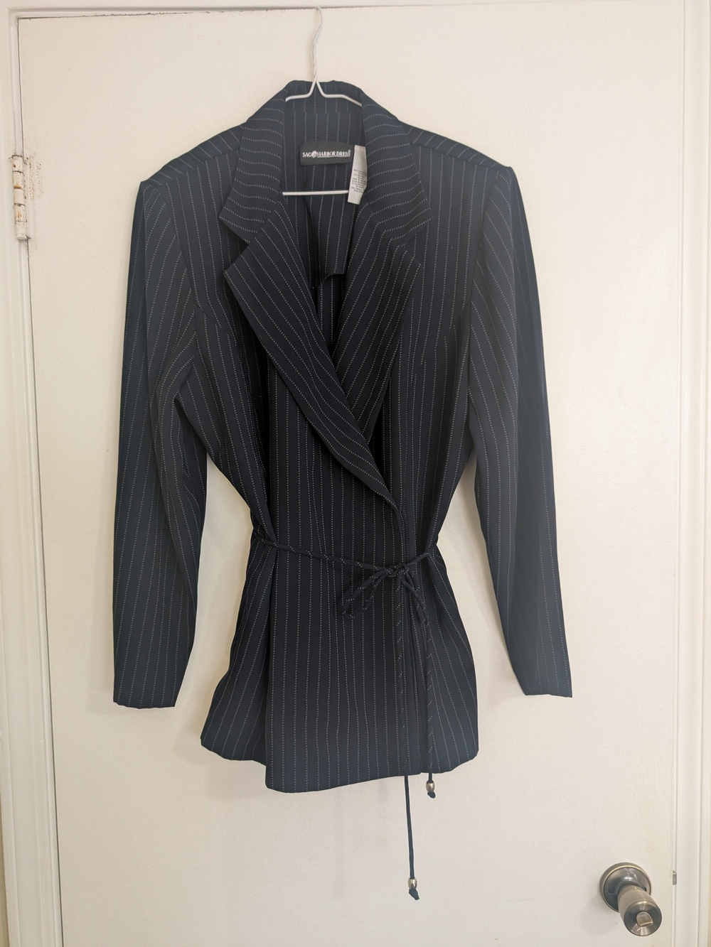 Vintage 80s Sag Harbor Dress Black Pinstripe Tie Waist Blazer Plus Size 18